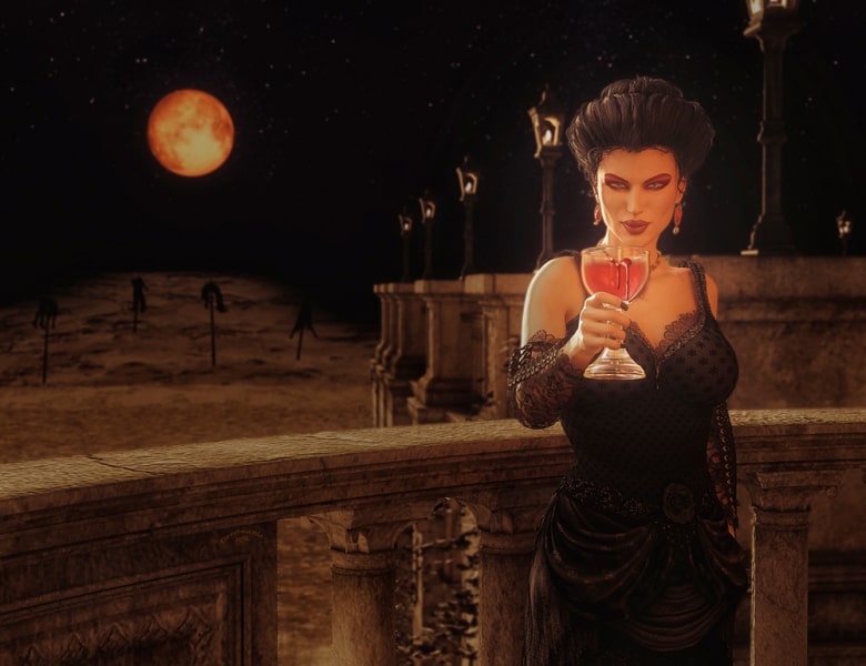 Image title: Cheers.A woman standing on a balcony in a black dress holding a glass of red wine (maybe) in her right hand and toasting. The full moon is up and it's red/orange. It hangs just above the impaled bodies i n the background.Rendered in Daz Studio and postwork done in Adobe Photoshop.