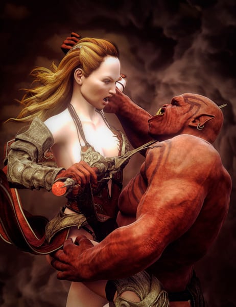 Title : Enemies. A warrior woman and an orc in a tight battle grip. She's hanging on his hips with a sword pushed against his throat. Both are angry and aggressive looking. Rendered in Daz Studio and postwork in Adobe Photoshop.