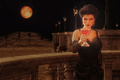 Image title: Cheers.A woman standing on a balcony in a black dress holding a glass of red wine (maybe) in her right hand and toasting. The full moon is up and it's red/orange. It hangs just above the impaled bodies i n the background.Rendered in Daz Studio and postwork done in Adobe Photoshop.