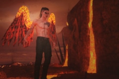 Image title: Hells Angel. A dark goth looking angel at hells pit. His wings are made of fire and lava. in the background there's an angel hanging on the wall of the lavapit.Rendered in Daz Studio,postwork done in Adobe Photoshop.