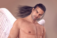 Image title : Brahm. A fantasy portrait up close of a male angel. He has long black hair in a half up half down up-do ,stubbles and white wings. His eyes are golden brown. The background is neutral brown. Rendered in Daz Studio.