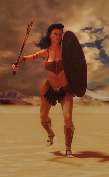 Image title : Warrior. A full body portrait of a warrior woman in the desert. She's runing over the sand.Shield up in front of her and sword raised ,ready for battle.Rendered in Daz Studio and postwork done in Adobe Photoshop.