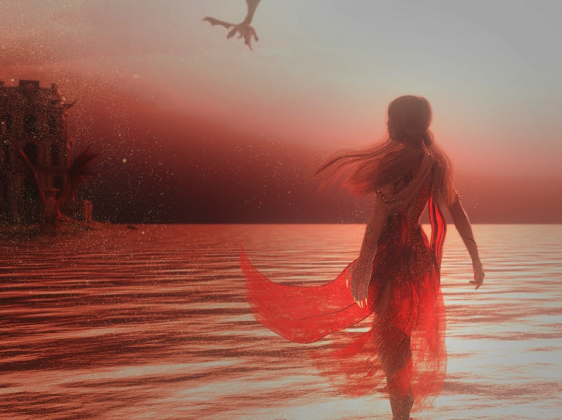 Image title : Dragon within. A fantasy image of a young woman standing in the water at sunset looking towards a small island with a castle and dragons on it. The woman is slowly transforming in to a dragon and the dragon on the island is looking towards her,waiting. Rendered in Daz Studio and postwork done in Adobe Photoshop