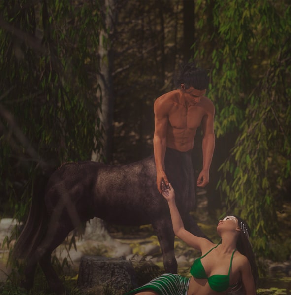 Image title : Forest Lovers. A centaur male and a human female meeting in the forest. She's sitting/laying on the ground looking up at him. Their hands touch. Rendered in Daz Studio and postwork done in Adobe photoshop.