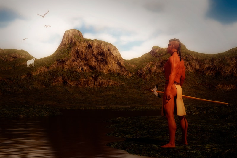 Image title : Signs. A river running through the mountains. On one side of the shore there's an indian standing . He's looking towards the mountain on the other side of the river. There's birds in the sky guiding the indians eyes towards the white wolf standing underneath the. The wolf is white and slightly glowing .The wolf is looking back at him.Rendered in Daz Studio and postwork done in Adobe Photoshop.