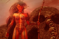 Image title : Female Bloodorc. A  full body portrait of a female bloodorc with a menacing aggressive look on her face. Her face is painted and she's ready to attack. In her left hand she's holding a scythe made of bones. She's standing besides a pile of skulls and behind her is a giant skull carved out of a huge rock.Rendered in Daz Studio and postwork done in Adobe Photoshop.