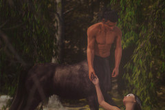 Image title : Forest Lovers. A centaur male and a human female meeting in the forest. She's sitting/laying on the ground looking up at him. Their hands touch. Rendered in Daz Studio and postwork done in Adobe photoshop.