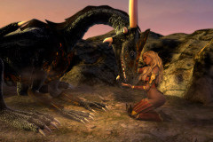 Image title : Friends. A dragon wearing armor and a young woman are friends. She's kneeling in front of the dragon. They're friends or starting to develop a friendship. Their surroundings are bare, mostly rocks and sand and the sun is setting. Rendered in Daz Studio and postwork done in Adobe Photoshop.