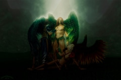 Image title : Liams Girls. Liam is an angel. He has green wings. His hair is red and he's wearing an eyepatch on his left eye made of bone. On his right side there's a female angel. She has black hair and blue wings. On the ground in front of him a blonde haired angel is half sitting half laying looking up at him. She has red/orange wings. They are in a hill area, mountains in the background are covered in a mist. Rendered in Daz Studio and postwork done in Adobe Photoshop.