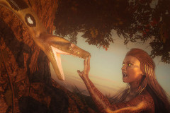 Image title : Stronger. A test of willpower between a snake and a woman who's (maybe) transforming in to a snake. Her skin is that of a snake. The snake is hissing while slithering down a tree and the woman is hissing back having her fingertips against the snakes nostrils. The lighting is golde.Rendered in Daz Studio and postwork done in Adobe Photoshop.