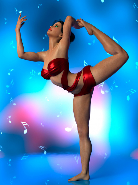 Image title : Celia. A full portrait of a young woman in a dancing pose. She's wearing a red top and red hotpants. She's barefeet.She has short brown hair and wears red lipstick. Her eyes are blue matching one of the colors in the background. The background is mostly blue with specks of white and pink, the floor is blue. Around her is floating notes.Rendered in Daz  Studio and postwork in Adobe Photoshop.