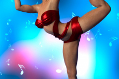 Image title : Celia. A full portrait of a young woman in a dancing pose. She's wearing a red top and red hotpants. She's barefeet.She has short brown hair and wears red lipstick. Her eyes are blue matching one of the colors in the background. The background is mostly blue with specks of white and pink, the floor is blue. Around her is floating notes.Rendered in Daz  Studio and postwork in Adobe Photoshop.