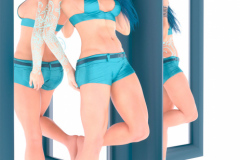 Image title : Keri. A Hi-Key image of a woman standing up against a mirror wearing a top and shorts. She has glowing tattoos on her right arm and leg. Rendered in Daz Studio.