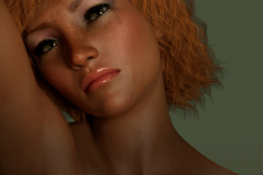 Image title : Sadness. A close-up portrait of a young red haired woman who is sad. She has a hint of tears under her eyes and her right arm is resting on top of her head. The background is green matching her eye color to some extend. Rendered in Daz Studio and minor postwork in Adobe Photoshop.