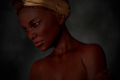 Image title: The Survivor. A portrait of a black woman wearing a turban. Her make-up is neutral and she has a distant look in her eyes. The background is neutral dark grey. Rendered in Daz Studio and postwork done in Adobe Photoshop.