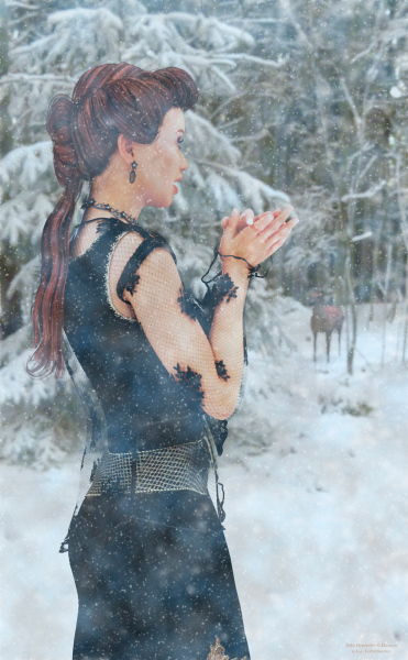 Image title: Winter wonder. A snowy winter day. A young woman walks in the forest and looks in wonder at a deer. The deer is standing still looking at the woman at a distance. The woman is wearing a black dress with lace sleeves. Her hair is brown and is in an up do except a tail hanging down her back. Rendered in Daz Studio and postwork done in photoshop.