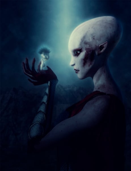 Image title: Strange encounter.  A strange kind of bird standing on the hand of an alien woman.he bird has his eyes covered by his hans and the woman is looking at him. In the distant you can see mountains and the color tones are blue.Rendered in Daz Studio and postwork done in Adobe Photoshop.