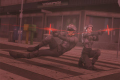 Image title : Defenders of the streets. A sci-fi image of a man and woman in military outfits, shooting laserguns. They\'re in the streets of a future World at night.Rendered in Daz Studio and postwork done in Adobe photoshop.