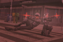 Image title : Defenders of the streets. A sci-fi image of a man and woman in military outfits, shooting laserguns. They\'re in the streets of a future World at night.Rendered in Daz Studio and postwork done in Adobe photoshop.